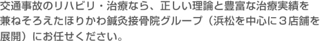 交通事故のリハビリ・治療なら、正しい理論と豊富な医療実績を兼ねそろえたほりかわ鍼灸接骨院グループ（浜松を中心に3店舗展開）にお任せください。